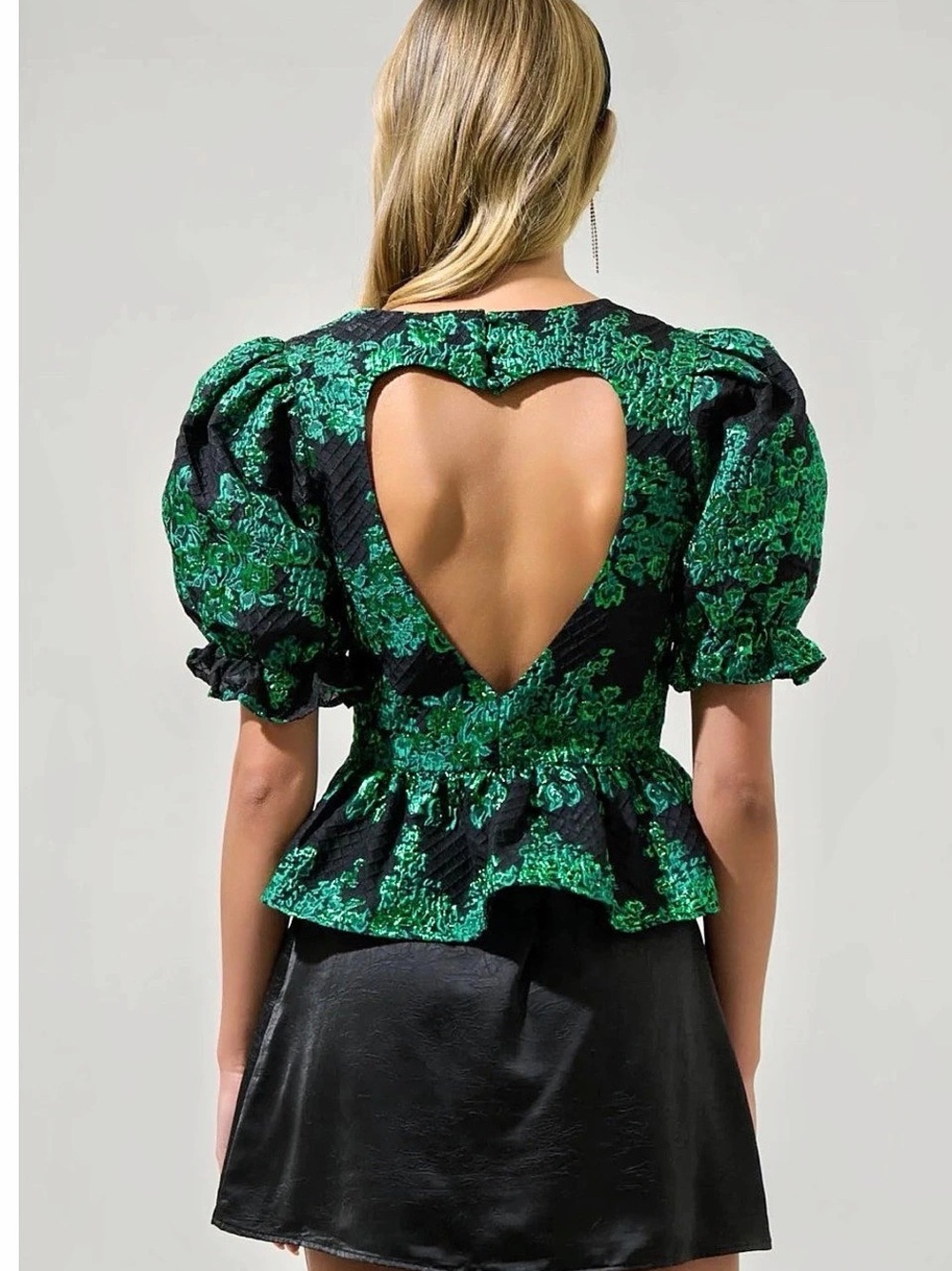 SugarLips Green Floral Jacquard Heart Cutout Peplum Top Floral Puff Sleeve